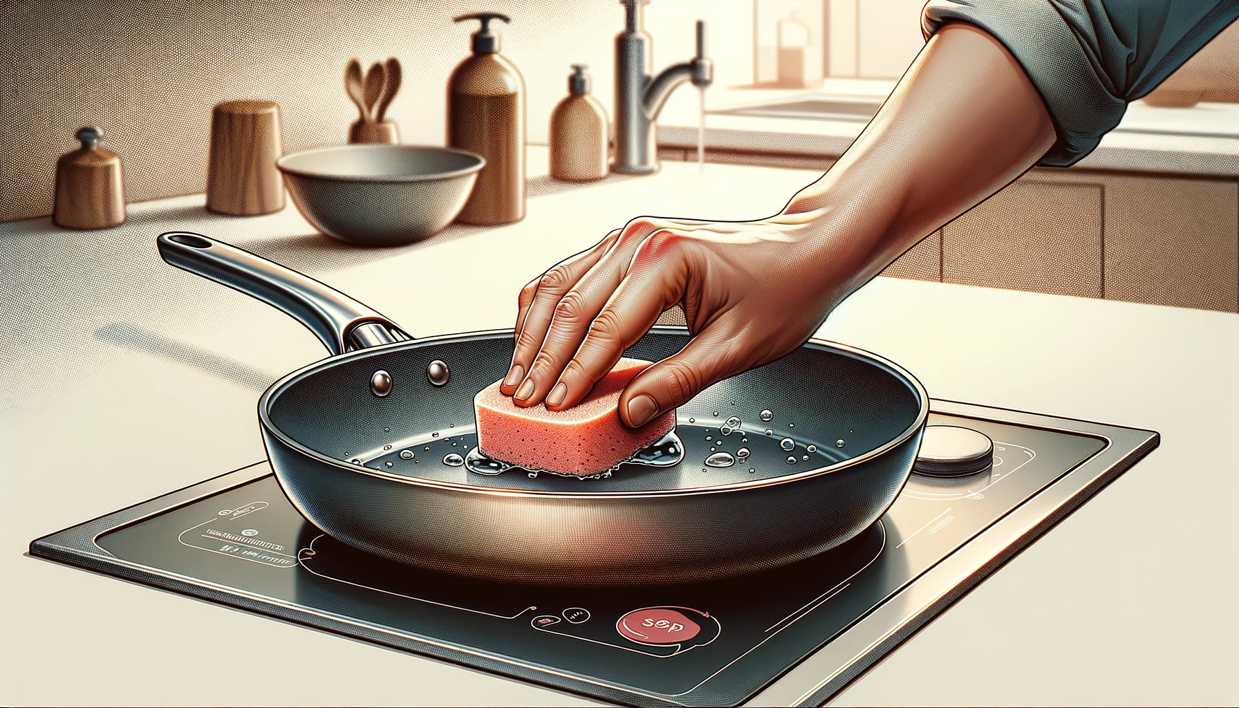 The image represents the concept of cleaning ceramic nonstick surfaces, designed for inclusion in your blog post about maintaining pots and pans.