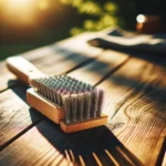 Close-up of a BBQ wire brush with metal bristles and a wooden handle on a wooden table, outdoor setting