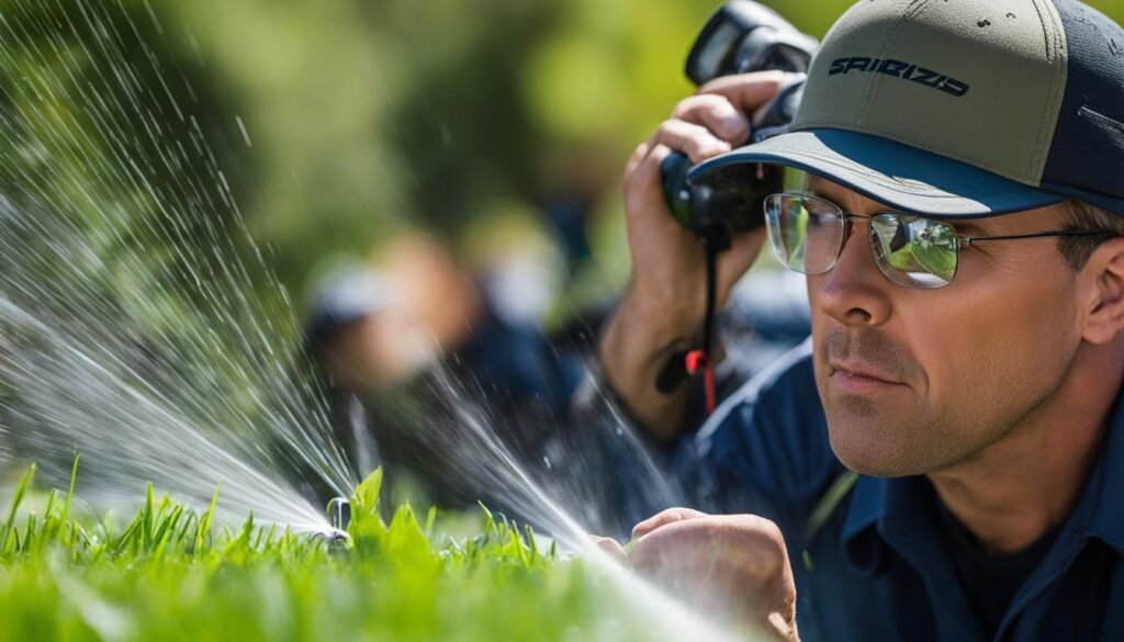 Professional irrigation technician inspecting a sprinkler system